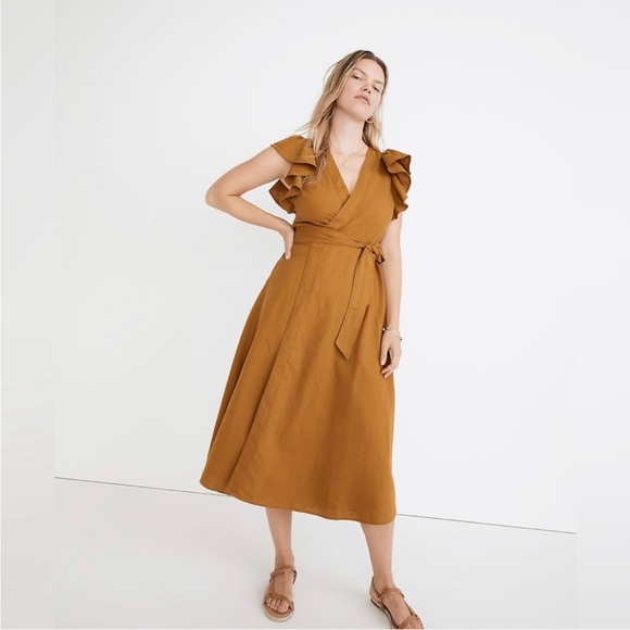 Madewell Linen-Blend Ruffle-Sleeve Wrap Midi Dress - Picture 2 of 7